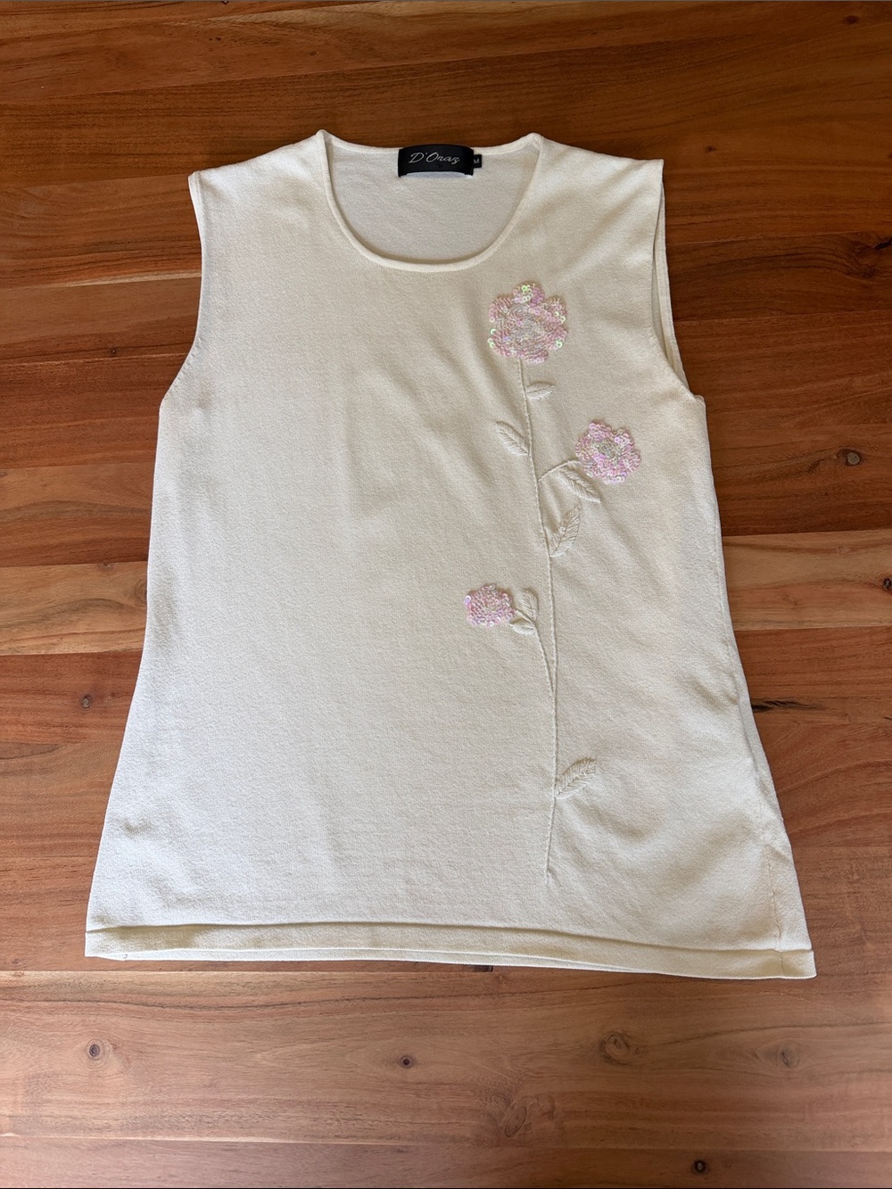 Light Yellow Sleeveless Tank with Pink Floral Sequin Embroidery